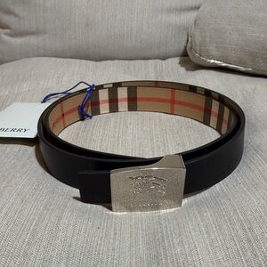 Burberry Black Belt with Silver Plaque Buckle